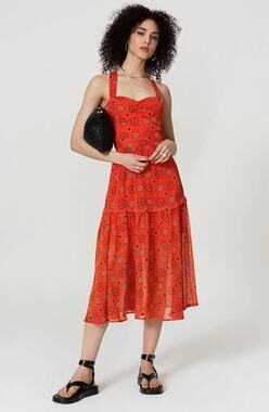 Marissa Webb Medallion Midi Dress Womens 0 Red Floral Chiffon Boho Chic Tiered